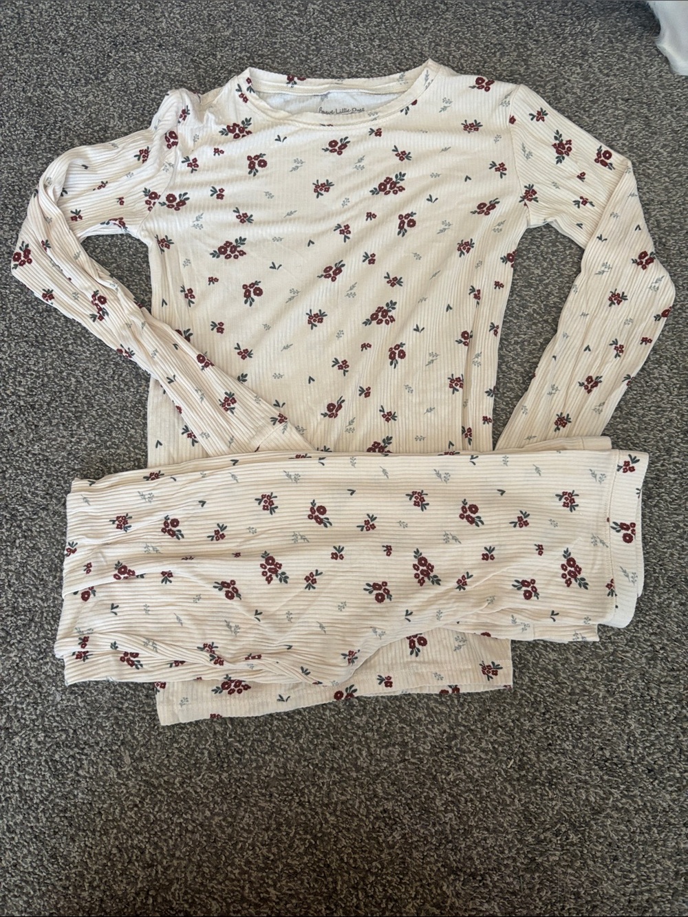 Kids Floral Cream Ribbed Pajama Set - Long Sleeve & Pants